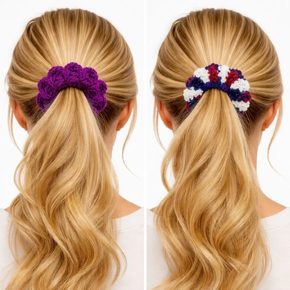 Handmade Textured Crocheted Scrunchies Ponytail Holder Hair Tie Set Of 2 - New